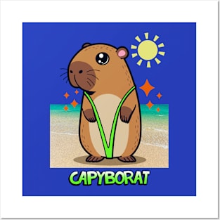 Funny Cute Summer Beach Kawaii Capybara Cartoon Posters and Art